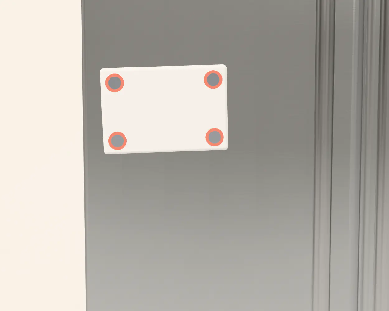 3D render: the panel pulled slightly off a stainless fridge door, showing the four magnets on its back.