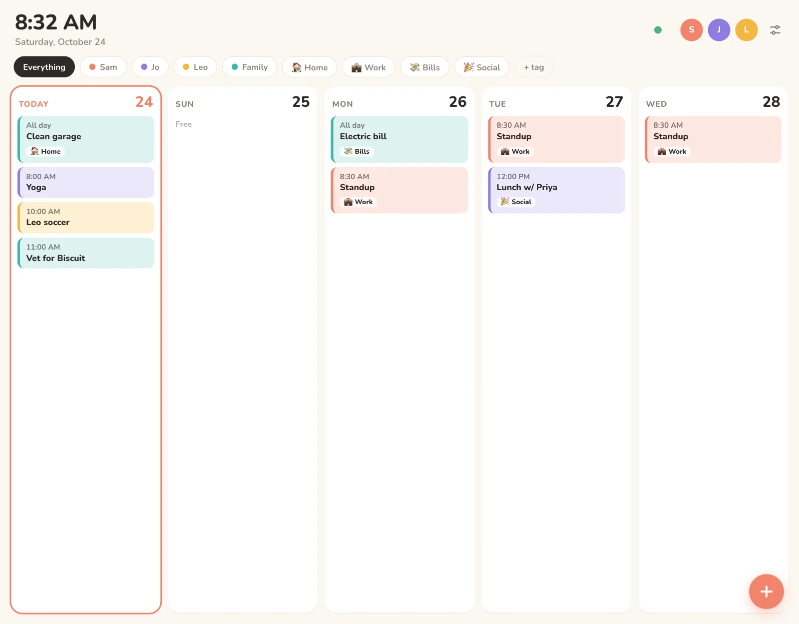 Magnetday week view on a tablet: big clock, a filter chip for each person and tag, and five day columns of color-coded events.